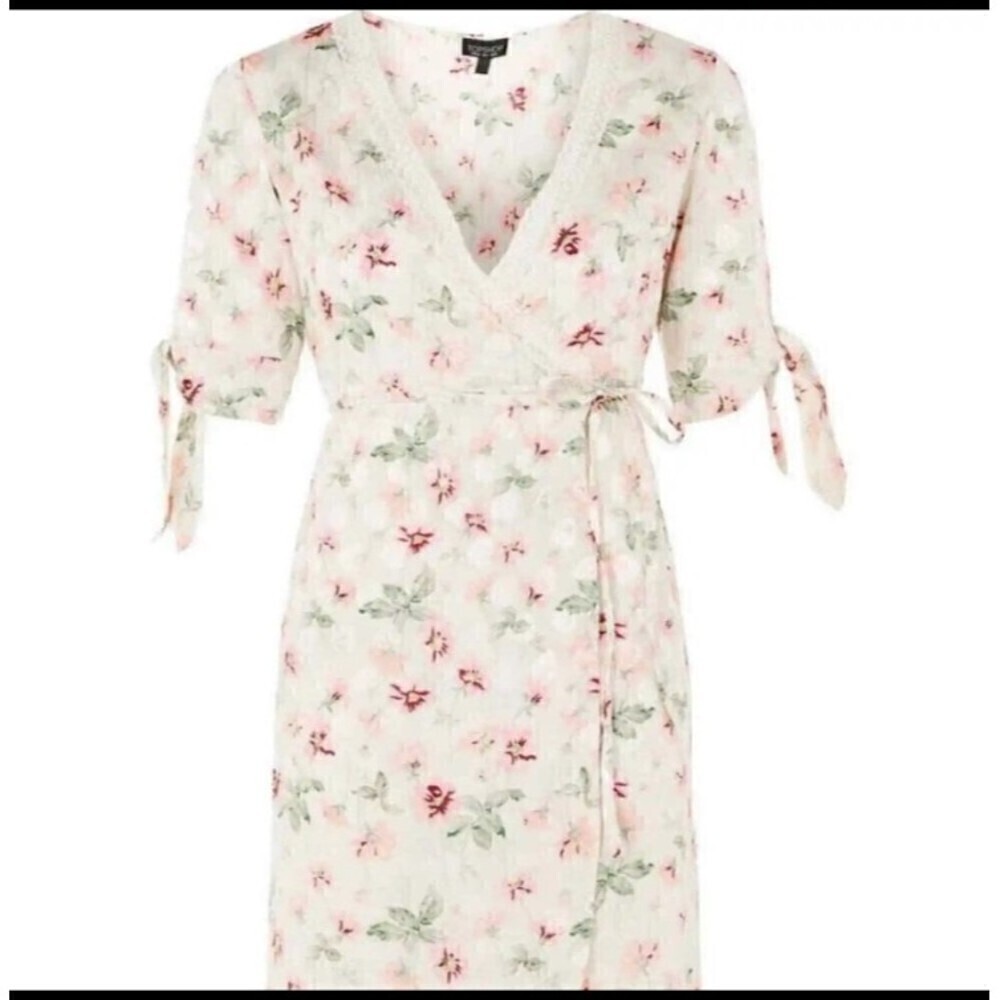 Topshop Womens Light Pink‎ Floral Wrap Dress 6 Tassel Slit Sleeve Lace Trim Neck